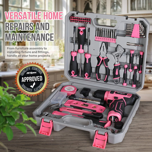 Hi-Spec 133PC Power Tool Sets with 8V Lithium Drill - Pink Home Repair Tools Kit Set & Magnetic Precision Bits 3-Tier Toolbox