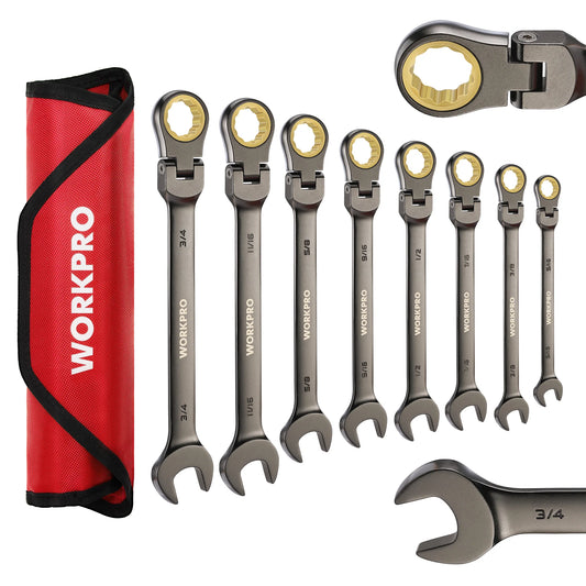 WORKPRO 8pcs Flex-Head Ratcheting Combination Wrench Set SAE 5/16-3/4 in 72-Teeth CR-V Constructed