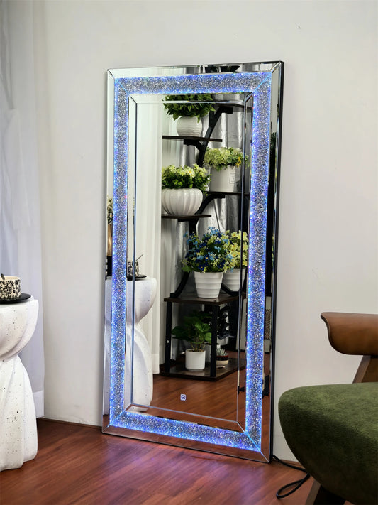 120x60cm LED Full Length Mirror with 7 Colors RGB Lights and Crushed Diamond Full Body Wall Mirror for Living Room, Bedroom