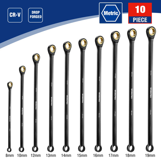 WORKPRO 10pcs 72-Teeth Extra Long Ratcheting Wrench Set Metric 8-19 mm Cr-V Steel and Black Electrophoretic Coating
