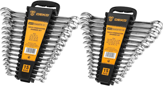 DEKOPRO Combination Wrench Set, SAE&Metric,  1/4'' to 1'' & 8-22mm, 12-Point, Chrome Vanadium Steel, with Plastic Tray