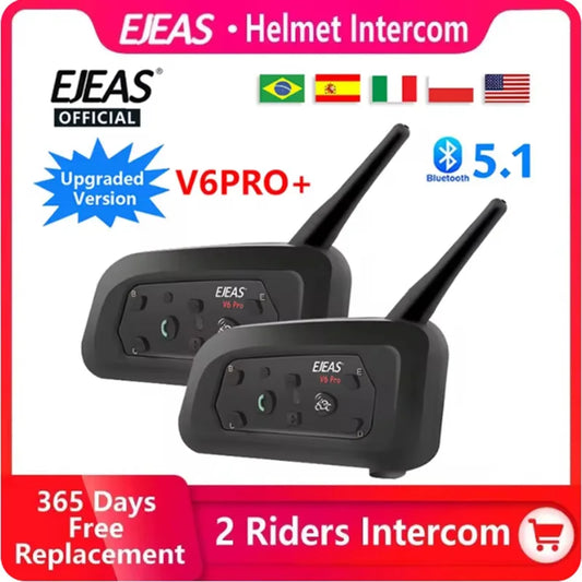 EJEAS  Motorcycle Intercom V6 PRO+ Helmet  6 Riders 800m Communicator Waterproof V5.1 Music Player Interphone Bluetooth Headset