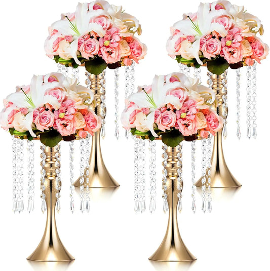 4 Pcs Wedding Centerpieces for Tables 13 Inch Tall Crystal Flower Stand Floral Vases for Gift Baptism Party Decor (Gold)