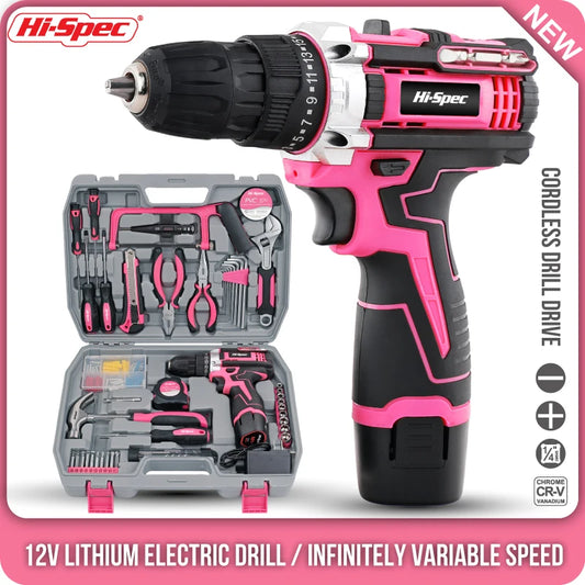 Hi-Spec Pink Electric Screwdriver Drills Kit Home Tool Kits Set Repair Electric Cordless Drills Complete Tool Box Kit Hammer